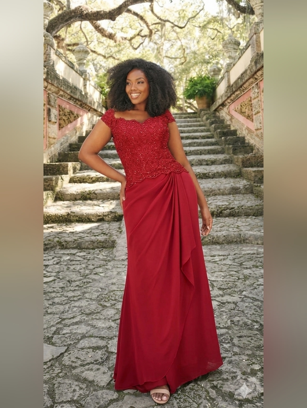 NWT Montage by Mon Cheri Size 16w Red Chiffon & Beaded Lace Evening Gown